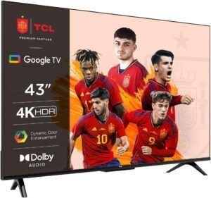 Televisor TCL compatible con Alexa de 43 pulgadas con resolución Full HD, diseño de pantalla delgada y tecnología Smart TV integrada para acceso a aplicaciones de streaming