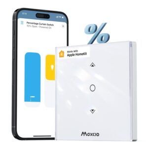 Maxcio Interruptor WiFi para persianas eléctricas, compatible con Alexa y Google Assistant, permite control remoto por app, programación horaria y ajuste preciso de apertura y cierre, ideal para automatizar el hogar inteligente con facilidad