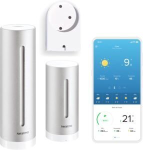 Estación meteorológica inteligente Netatmo Weather Station compatible con Alexa, mide temperatura, humedad, calidad del aire y CO₂ en interior y exterior, con control por voz y datos en tiempo real desde el móvil